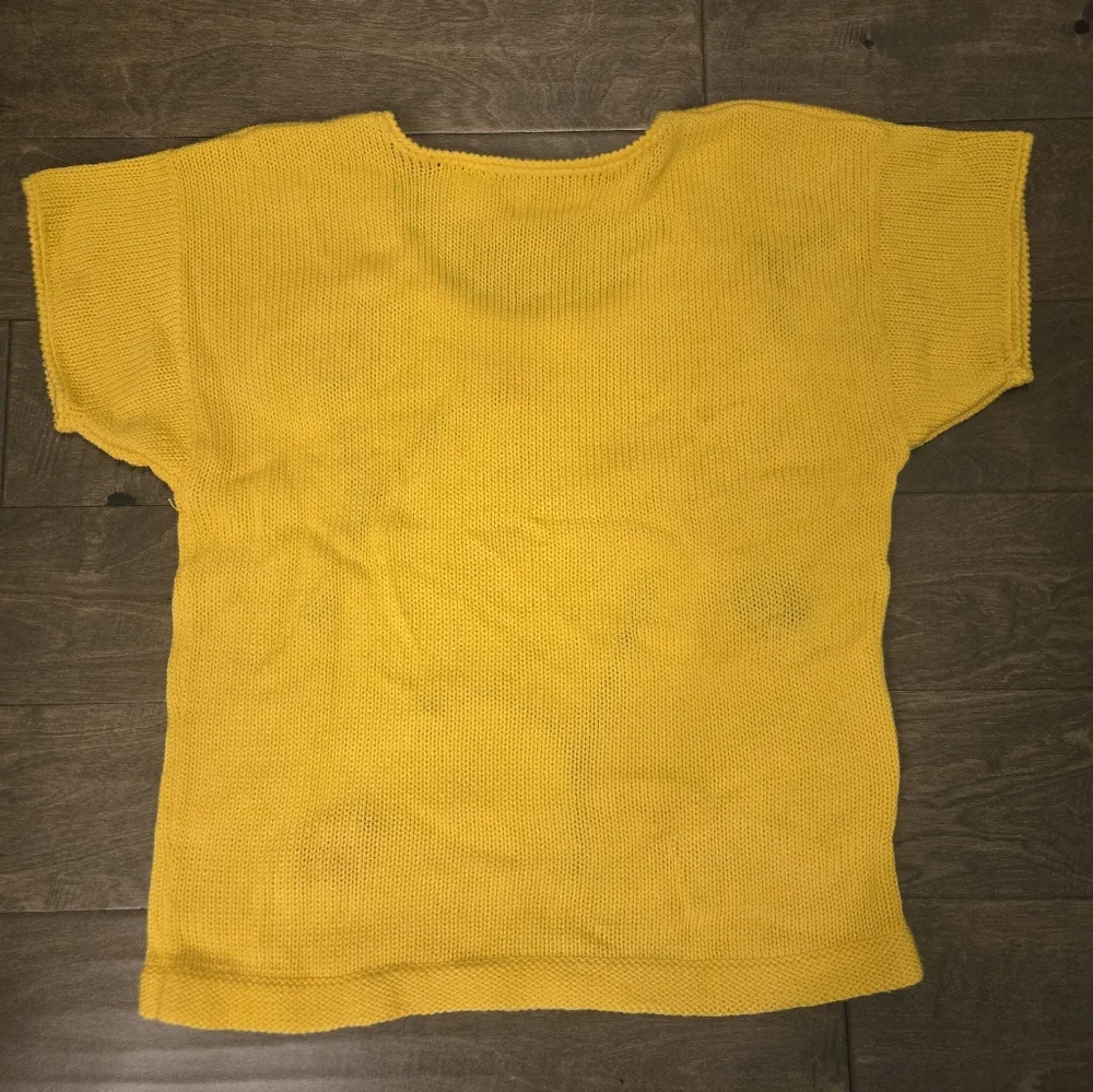 Vintage 80s Leslie Fay Bright Yellow Floral Sweater, Cap Sleeves, Size Small